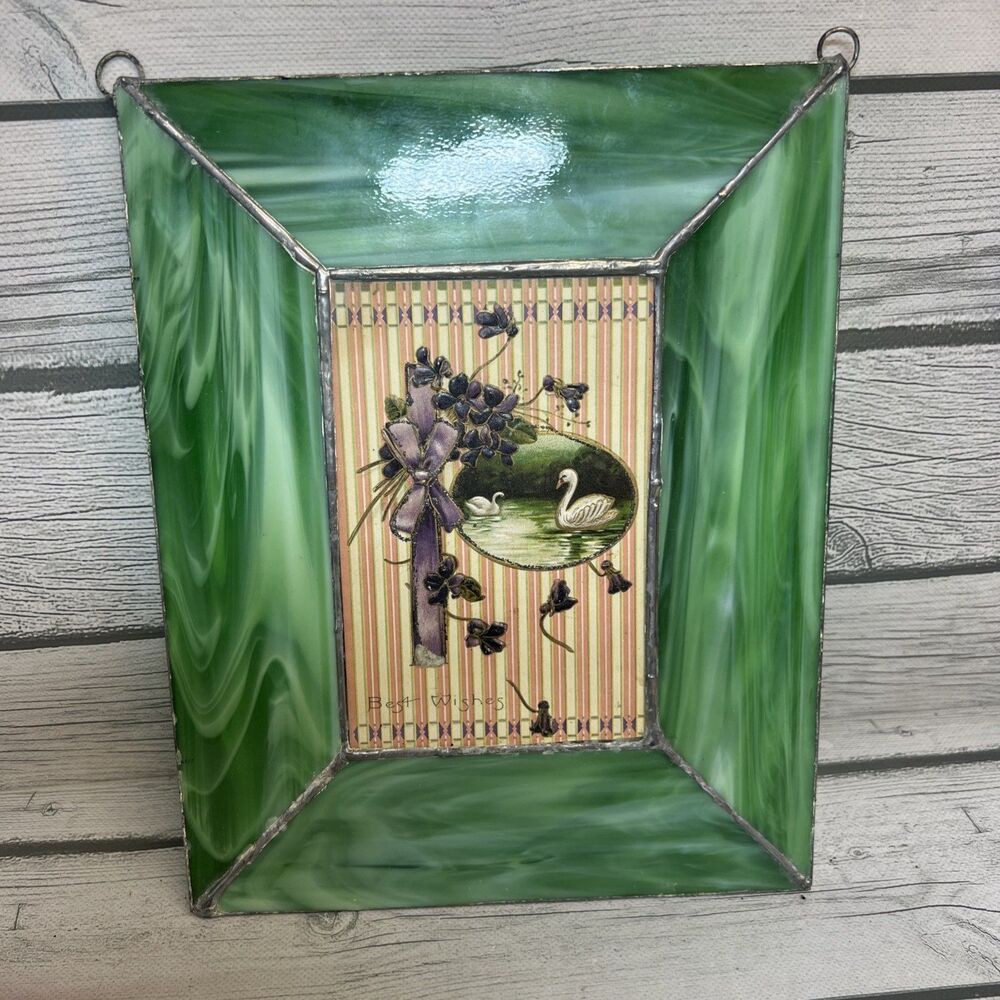 Stained Glass Vintage 1913 Goose Postcard, Green leaded hanging piece